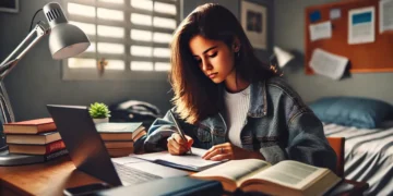 Estudante adolescente concentrada resolvendo questão preparatória