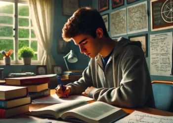 Estudante adolescente concentrado resolvendo questão preparatória para exames.