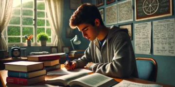 Estudante adolescente concentrado resolvendo questão preparatória para exames.