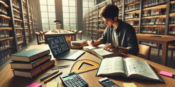 Estudante estudando na biblioteca com laptop e livros sobre mesa de madeira