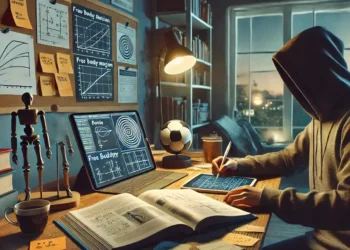 Estudante estudando física em casa com livro aberto no escritório