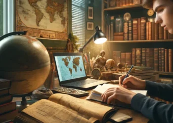 Estudante resolvendo exercícios de história com livros, mapas e globo na mesa