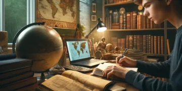 Estudante resolvendo exercícios de história com livros, mapas e globo na mesa