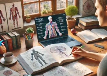 Estudante trabalhando em exercícios de biologia com livros abertos na mesa de madeira