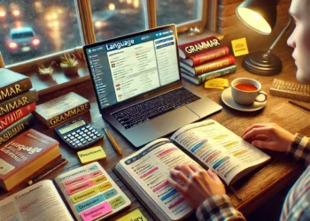 Estudante trabalhando em exercícios de linguagem com caderno e livros de gramática