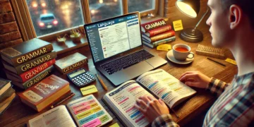 Estudante trabalhando em exercícios de linguagem com caderno e livros de gramática