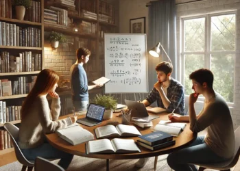 Grupo de estudo com três alunos em volta de uma mesa redonda, fazendo anotações.