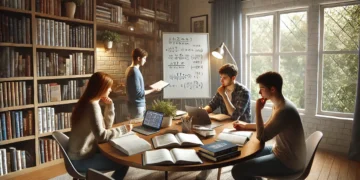 Grupo de estudo com três alunos em volta de uma mesa redonda, fazendo anotações.