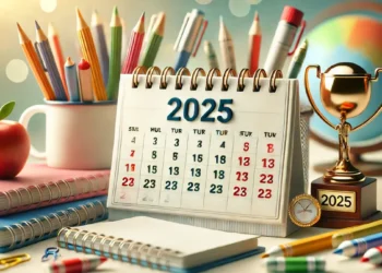 Calendário 2025 aberto com datas mensais escolares visíveis