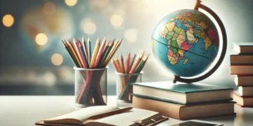 Livros abertos, globo terráqueo, lápis coloridos e bloco de notas