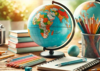 Livros abertos e bloco de anotações coloridos representando educação.