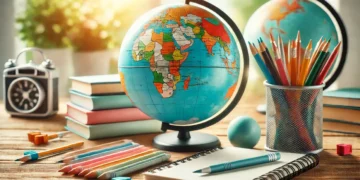 Livros abertos e bloco de anotações coloridos representando educação.