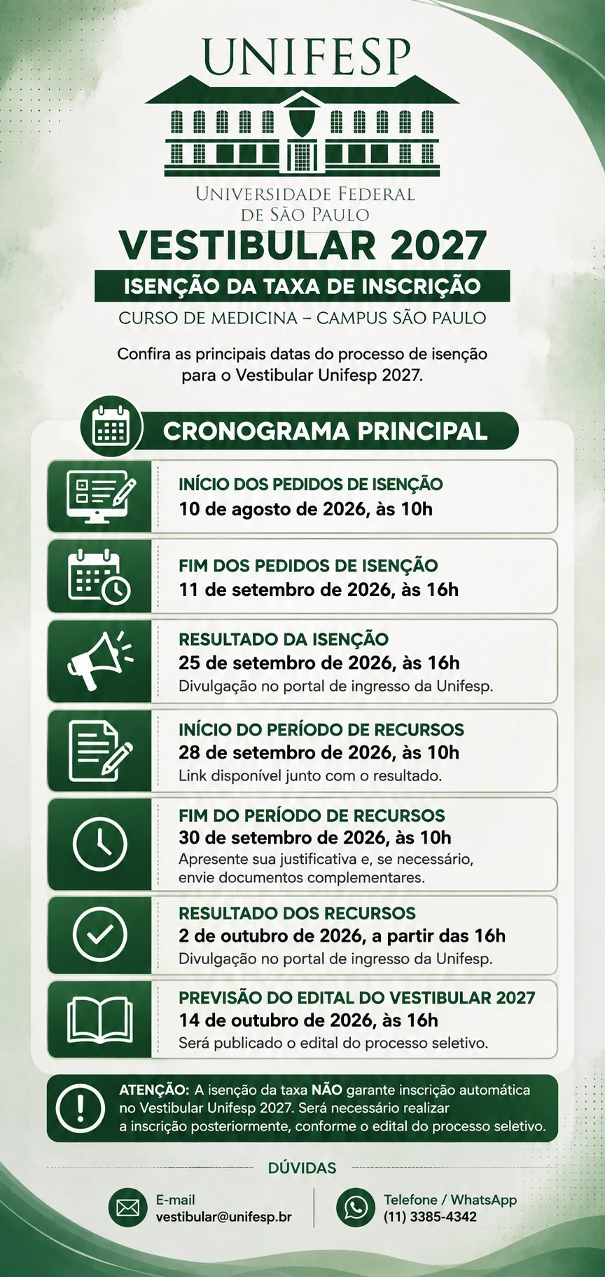 Calendário dos pedidos de isenção da taxa de inscrição do Vestibular Unifesp 2027 para Medicina