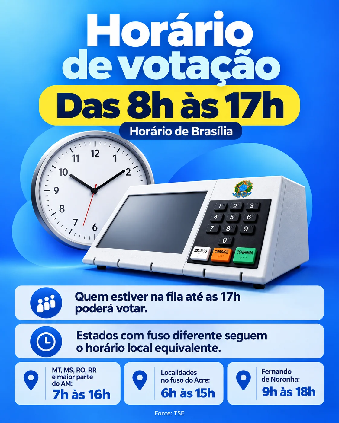 Horários de votação nas eleições 2026